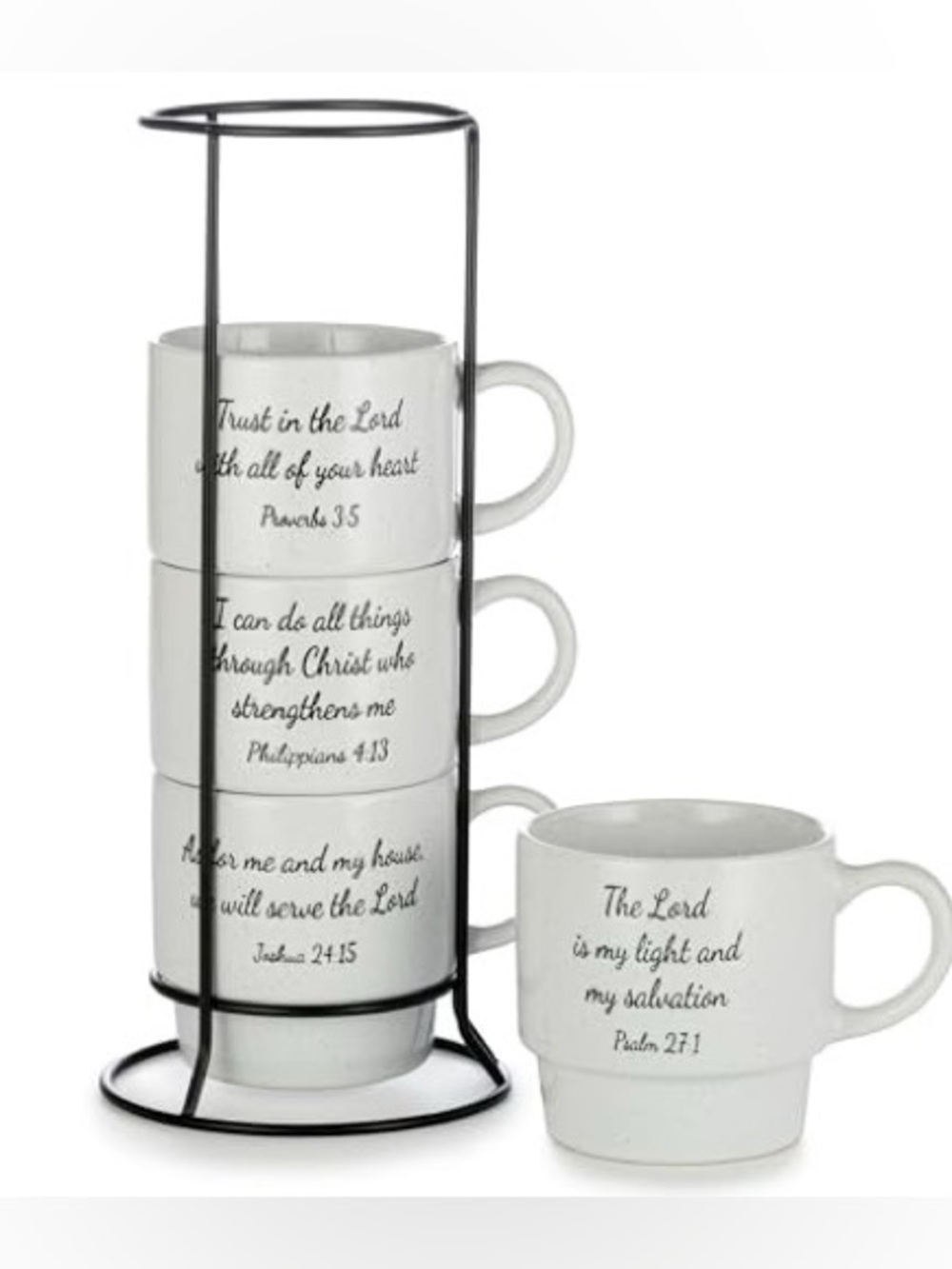 Stackable White Scripture Christian Mugs with Black Stand